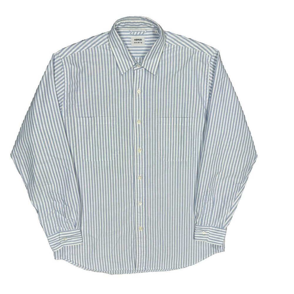 NWOT Aspesi Dress Shirt Striped Blue/White Long Sleeve Cotton 16.5 Large